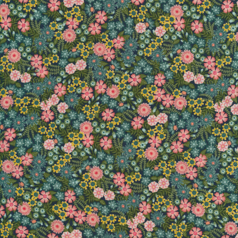 Fabric with bright pink, teal, and yellow flowers packed on a dark blue background