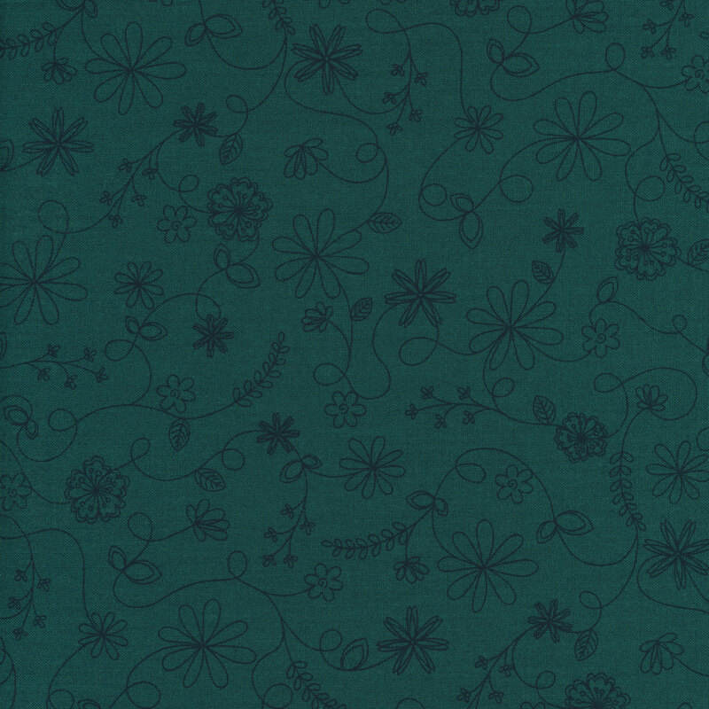 Dark teal fabric with tonal swirling vines and floral outlines