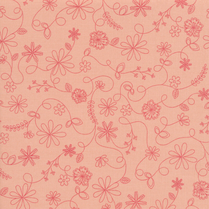 Pink fabric with tonal swirling vines and floral outlines