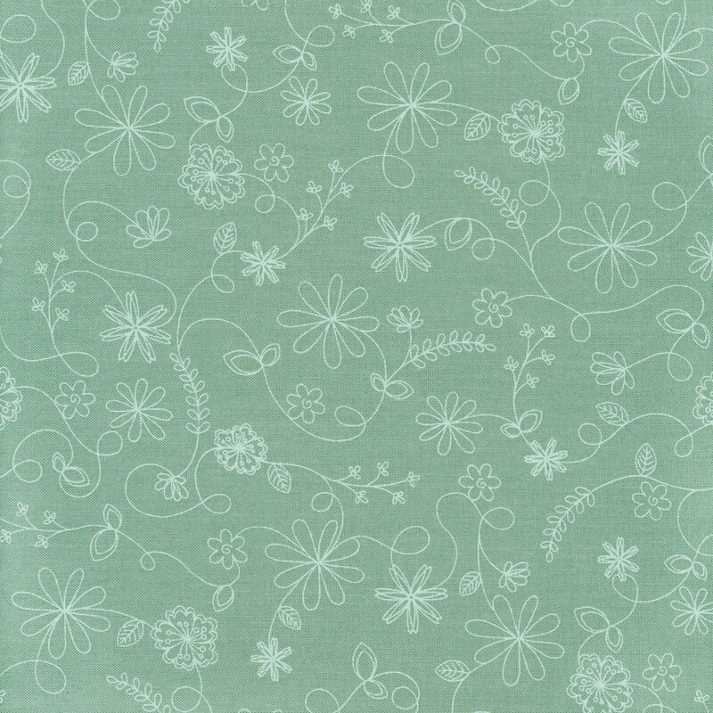 Teal fabric with tonal swirling vines and floral outlines