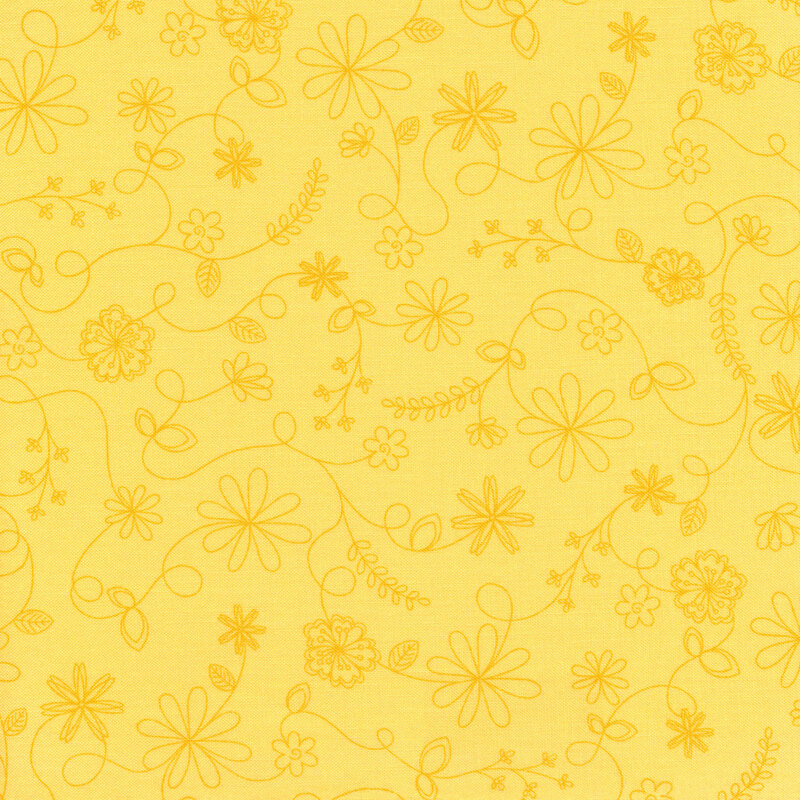 Bright yellow fabric with tonal swirling vines and floral outlines