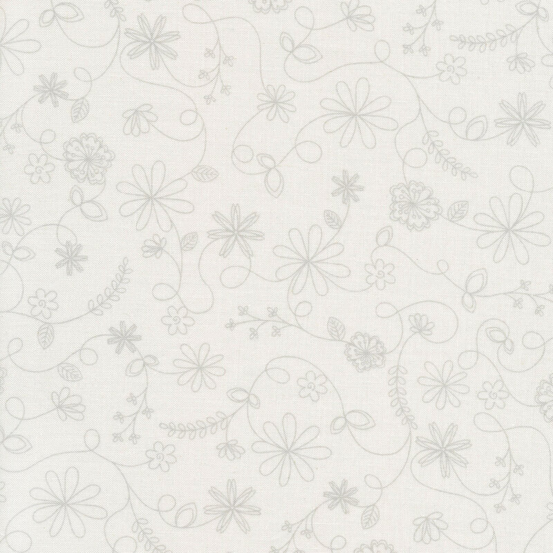 White fabric with gray swirling vines and floral outlines