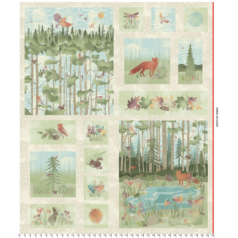 Full size image of tan panel with animals and forest scenes in shapes of varying sizes
