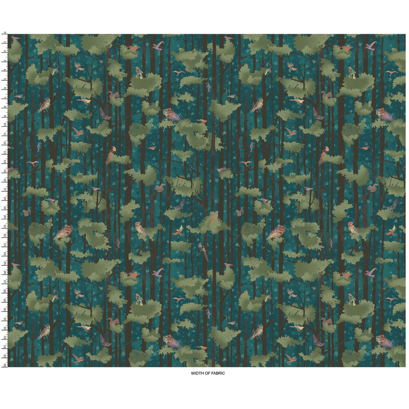 Dark fabric with skinny trees all over, filled with perched birds and leaf clusters on a star filled background