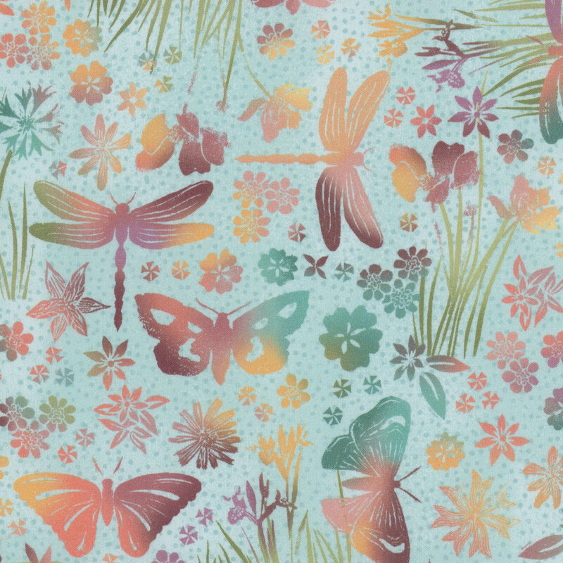 Multi colored insects and flowers on a pale blue background