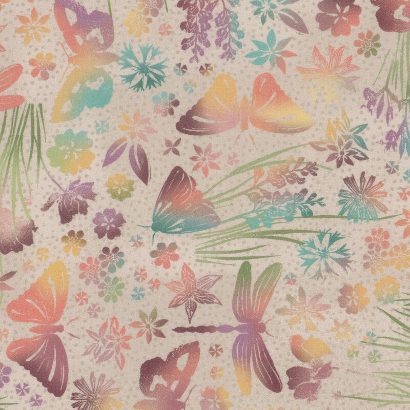 Multi colored insects and flowers on a gray background