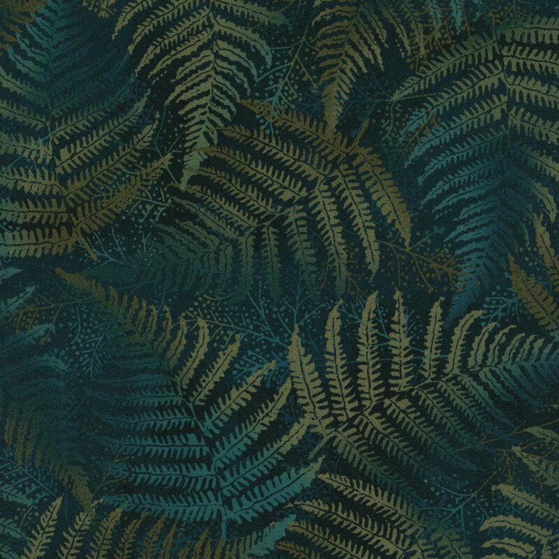 teal and green ferns on a dark teal background