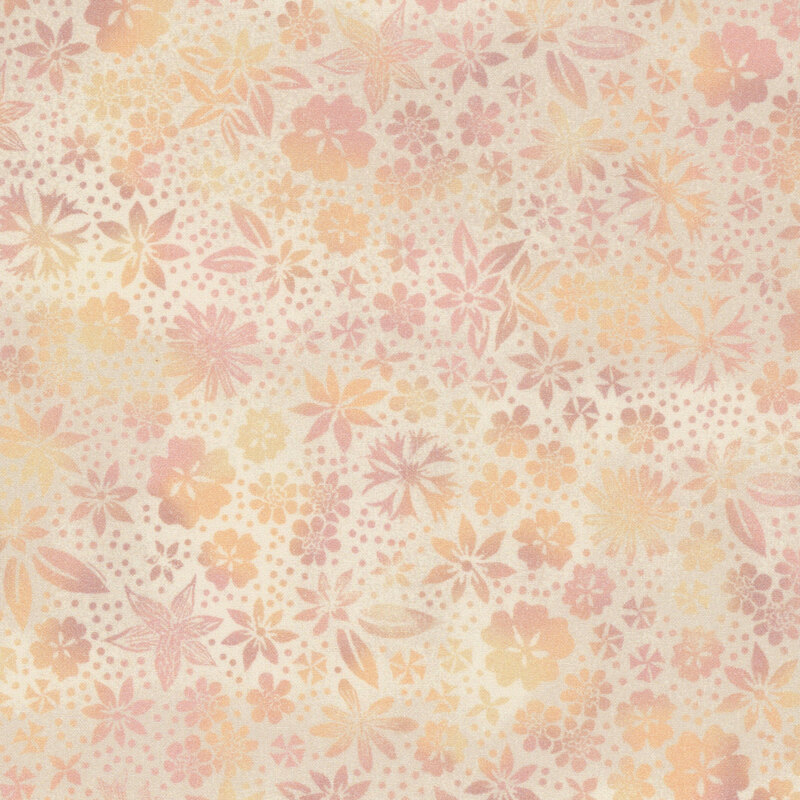 tan fabric with variegated flowers going from pale yellow to dusty pink in gradients