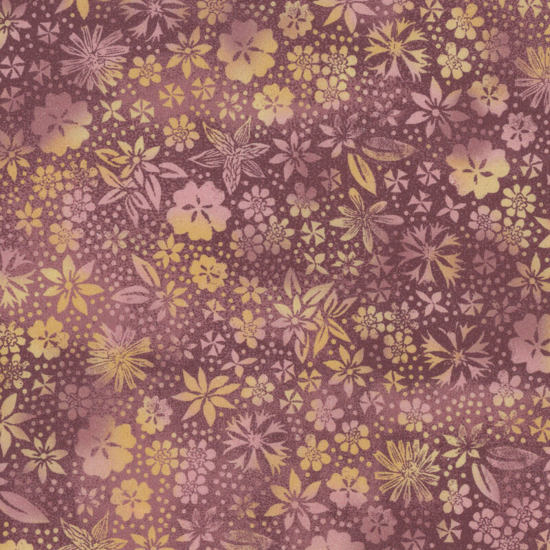 dusty purple fabric with variegated flowers going from pale yellow to dusty pink in gradients