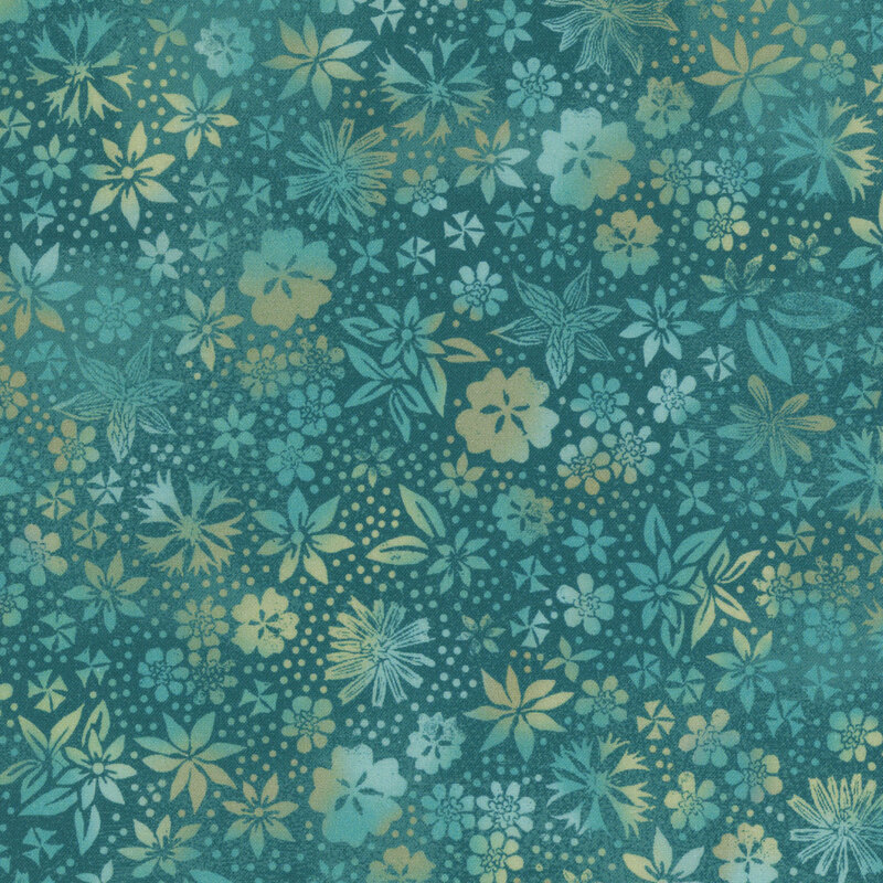 teal fabric with variegated flowers going from pale green to light teal in gradients