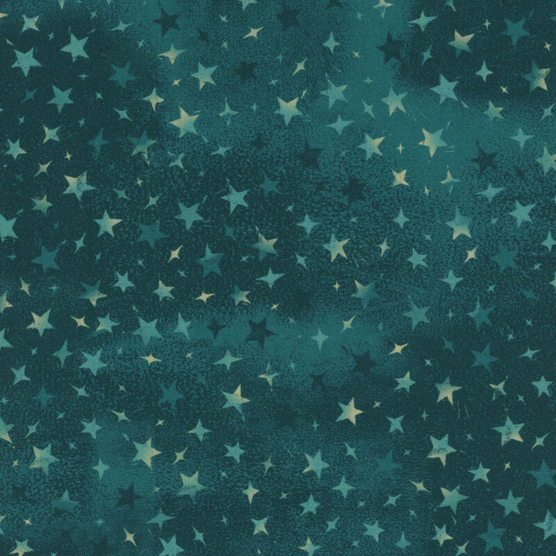 teal mottled fabric with variegated stars in different sizes