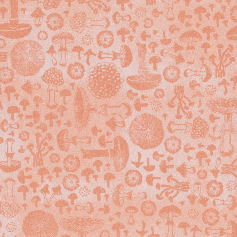 Pale peach fabric with tonal mushrooms of all kinds angled at 90 degree angles from one another
