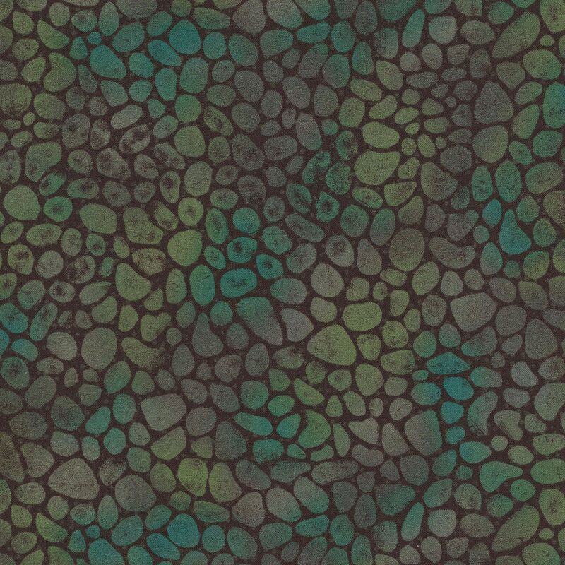 Black fabric with softly variegated pebble-like spots going from blue to brown to green