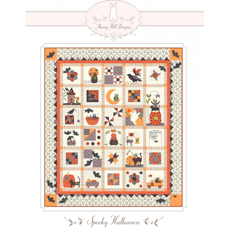 front cover of Spooky Halloween Quilt pattern showing a finished quilt in white, orange and black, each block with a different scene or character