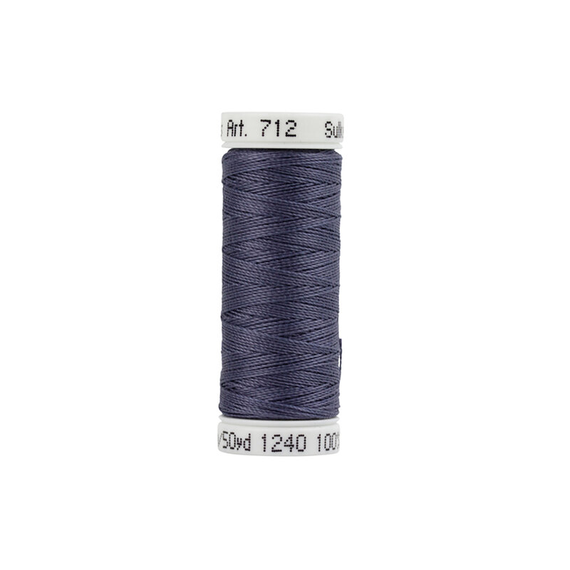 Isolated image of a single spool of Sulky petite cotton thread #1240 Smokey Gray on a white background