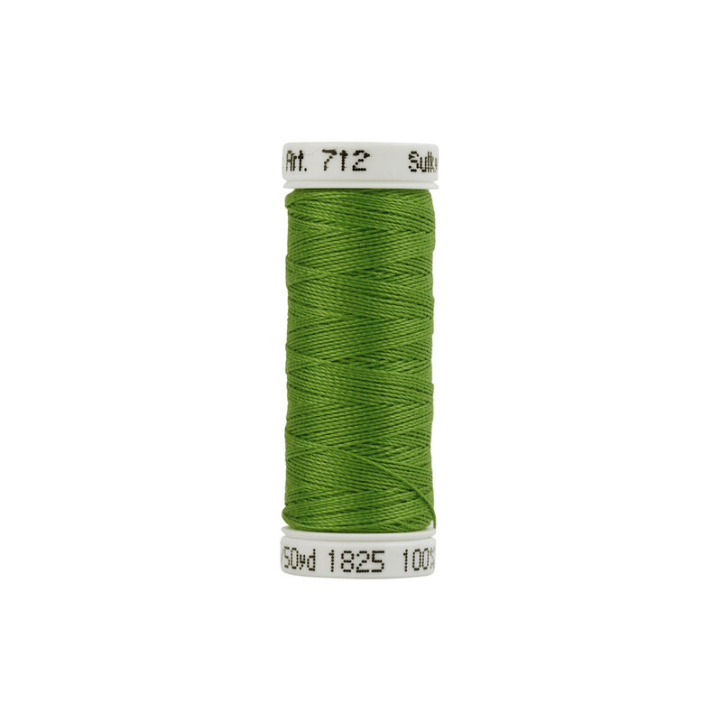 Close up image of Sulky 12wt barnyard grass green thread spool against a white background