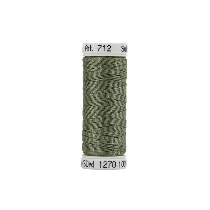 Close up image of Sulky 12wt Dark Grey Khaki thread spool against a white background