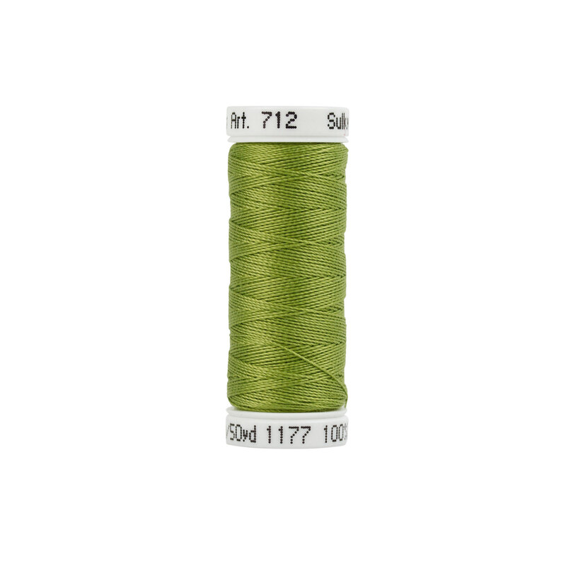 Isolated Spool of Avocado Green Sulky Petite Cotton 12wt thread on a white background
