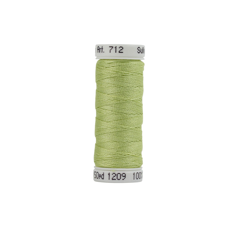 Close up image of Sulky 12wt Light Avocado thread spool against a white background