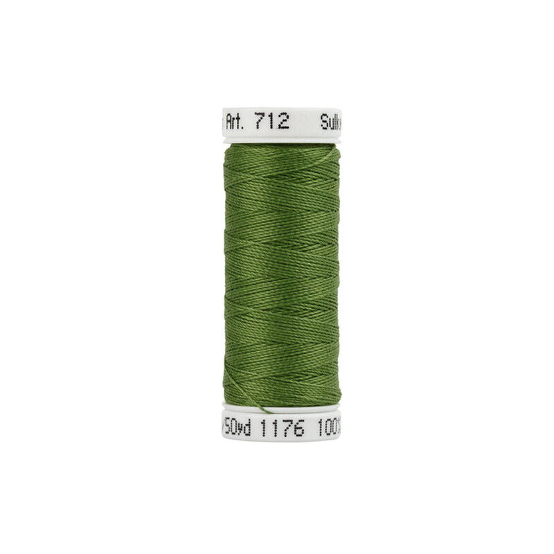 Isolated Spool of Medium Dark Avocado Green Sulky Petite Cotton 12wt thread on a white background