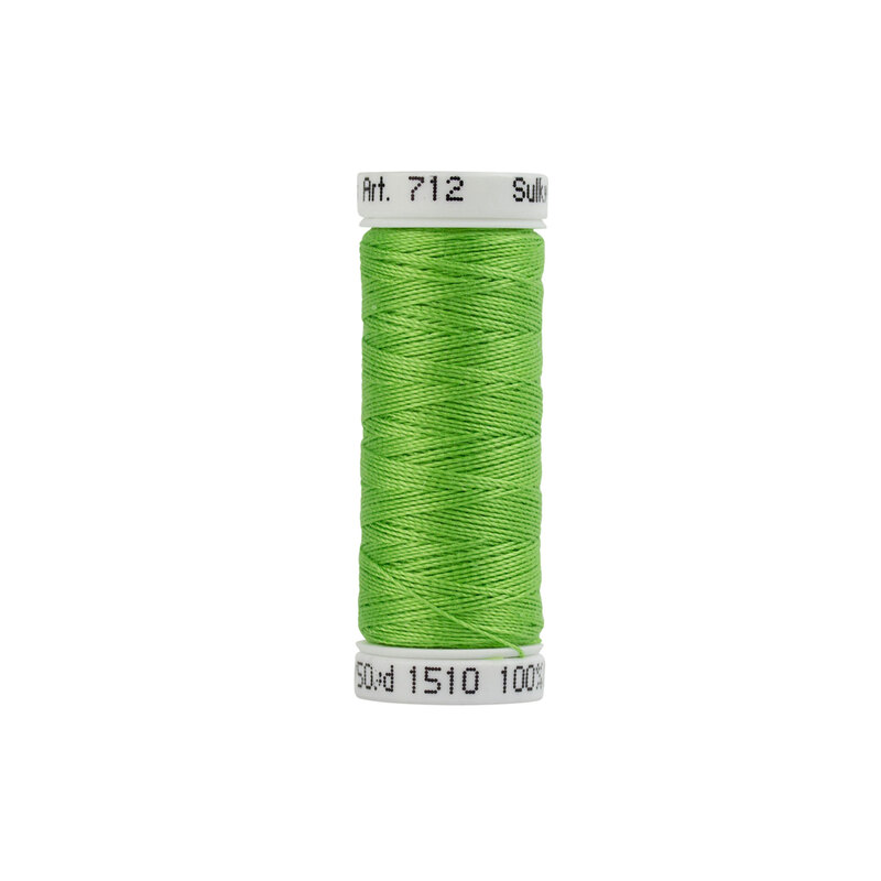 Close up image of Sulky 12wt lime green thread spool against a white background