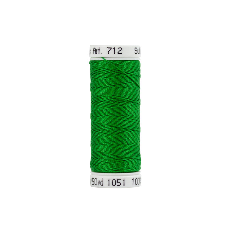 Close up image of Sulky 12wt Christmas green thread spool against a white background
