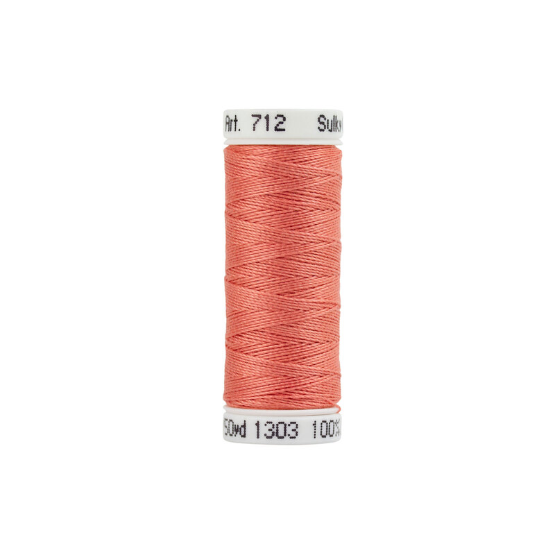 A spool of Sulky 12wt Cotton Petite #1303 Watermelon thread on a white background