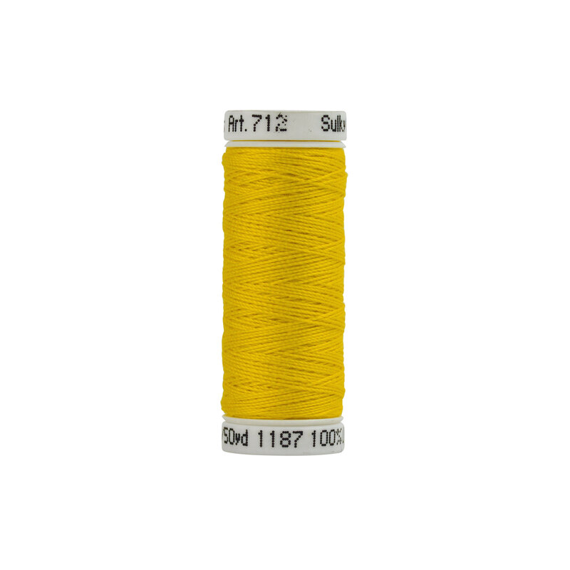 Single isolated spool of Sulky Cotton Petites Thread 712-1187 Mimosa Yellow on a white background