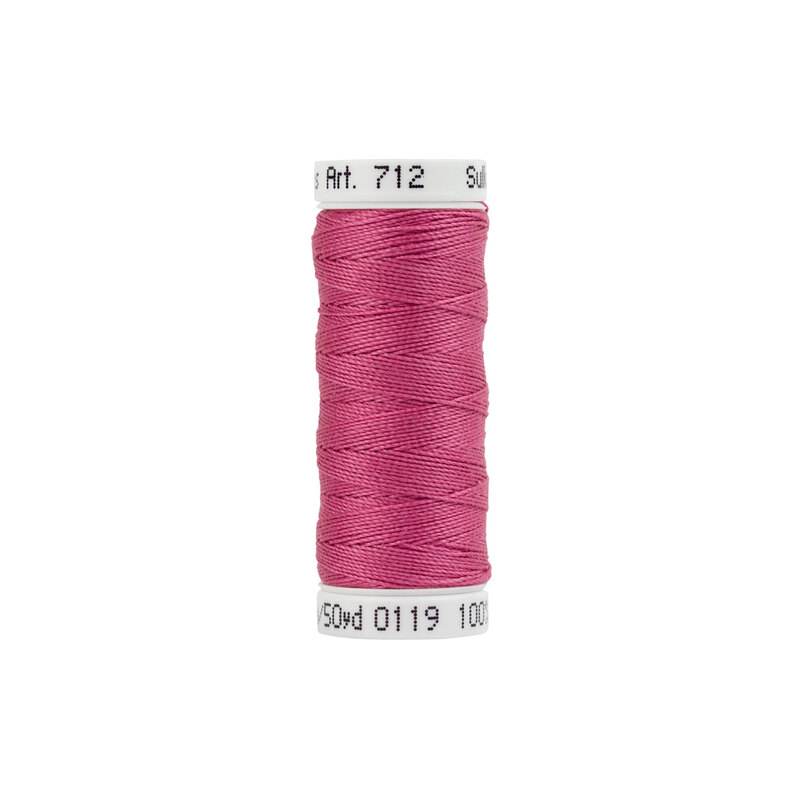 Isolated single spool of pink Sulky Petite Cotton thread #0119 Romantic Rose on a white background