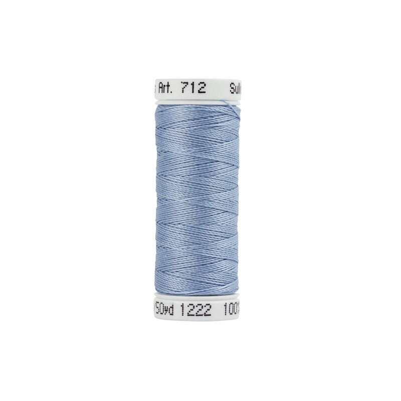Single isolated spool of Sulky Cotton Petites Thread 712-1222 Light Baby Blue on a white background