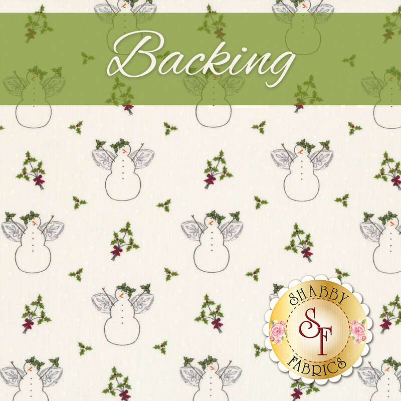 A swatch of white fabric with tossed holly and snowmen dressed as angels. A green banner at the top reads 