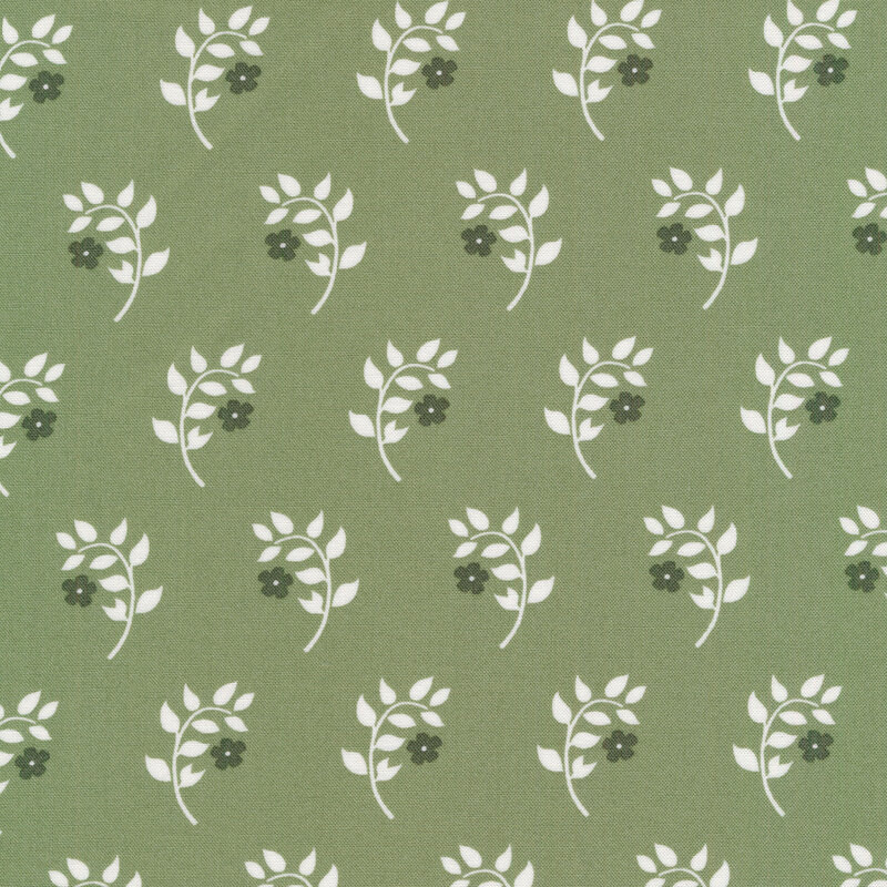 Light green fabric with small, repeated green flowers on long, white, drooping stems in a minimalist style