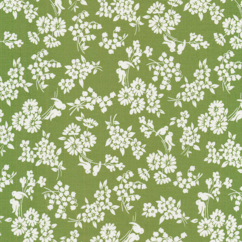 Light green fabric with small white flowers and leaves in a minimalist style