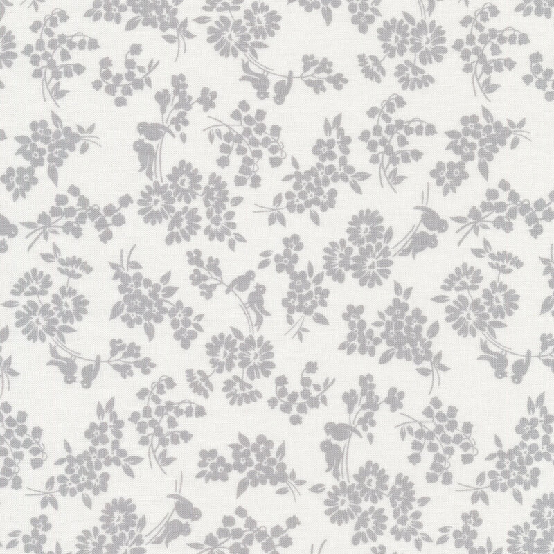 white fabric with small gray flowers and leaves in a minimalist style