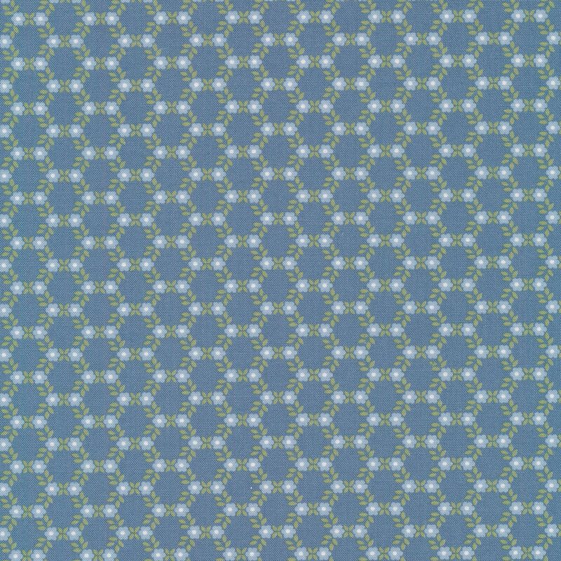 Hexagonal pattern made up of small blue flowers and green leaves on a light blue background