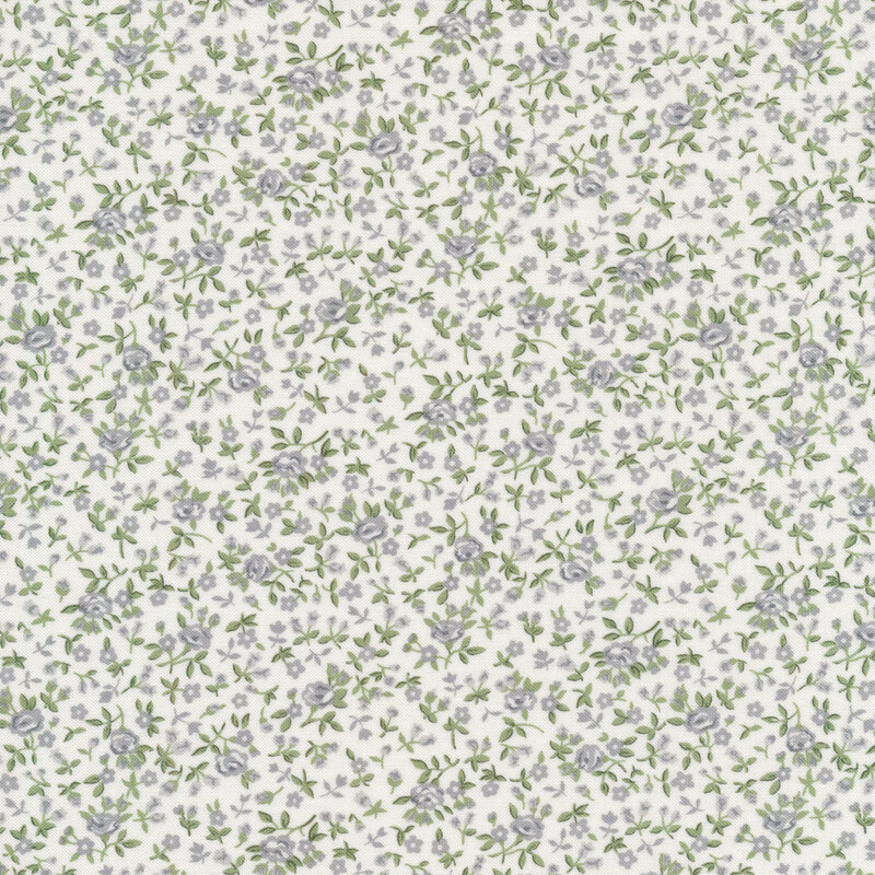 Cream fabric with tiny gray flowers with green leaves packed together