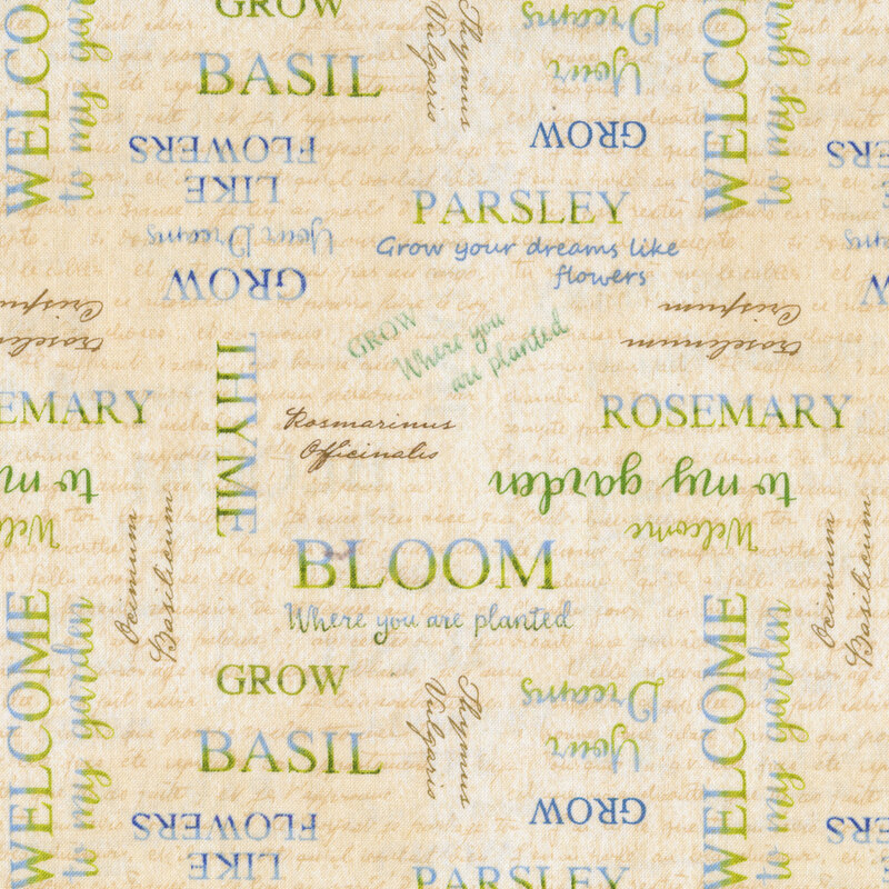 Mottled cream fabric with alternating gardening words and phrases all over