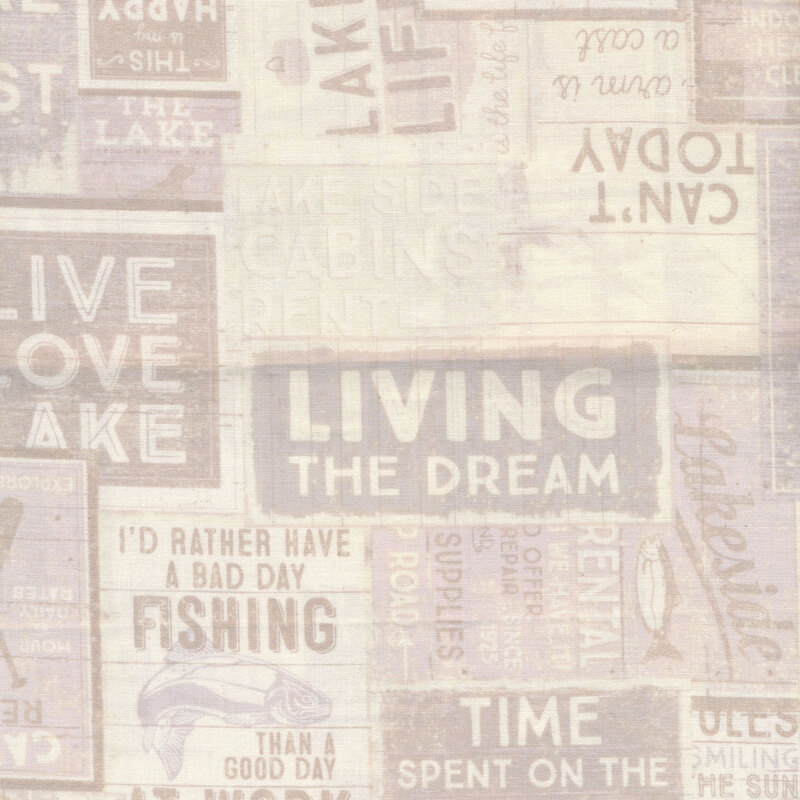 digital image of tonal creams and tans depicting overlapping lake house and fishing themed signs