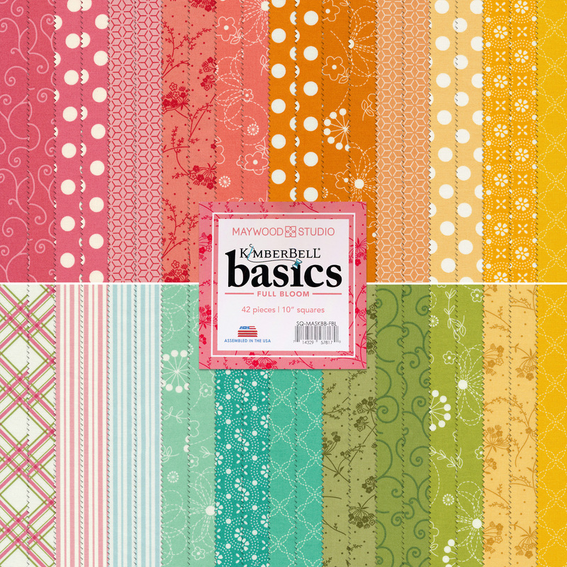collage of fabrics included in Kimberbell basics Full Bloom layer cake