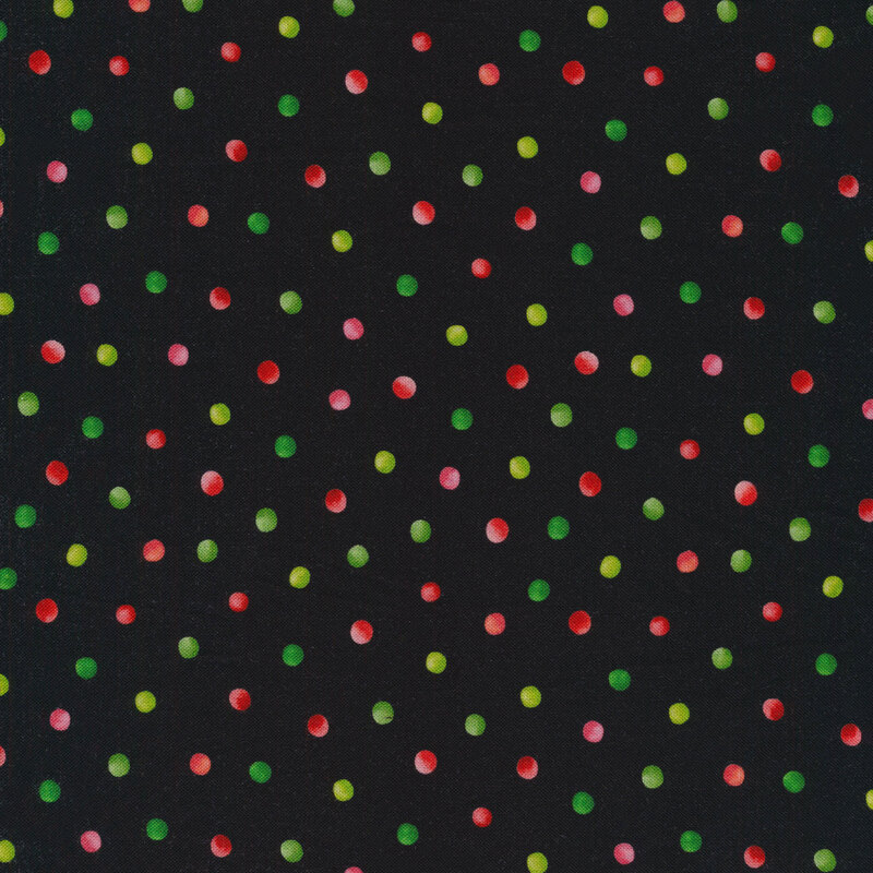 Black fabric with red, yellow, and lime colored dots
