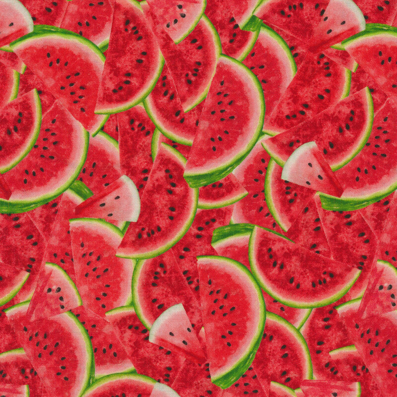 Packed watermelon slices with green rinds and black seeds