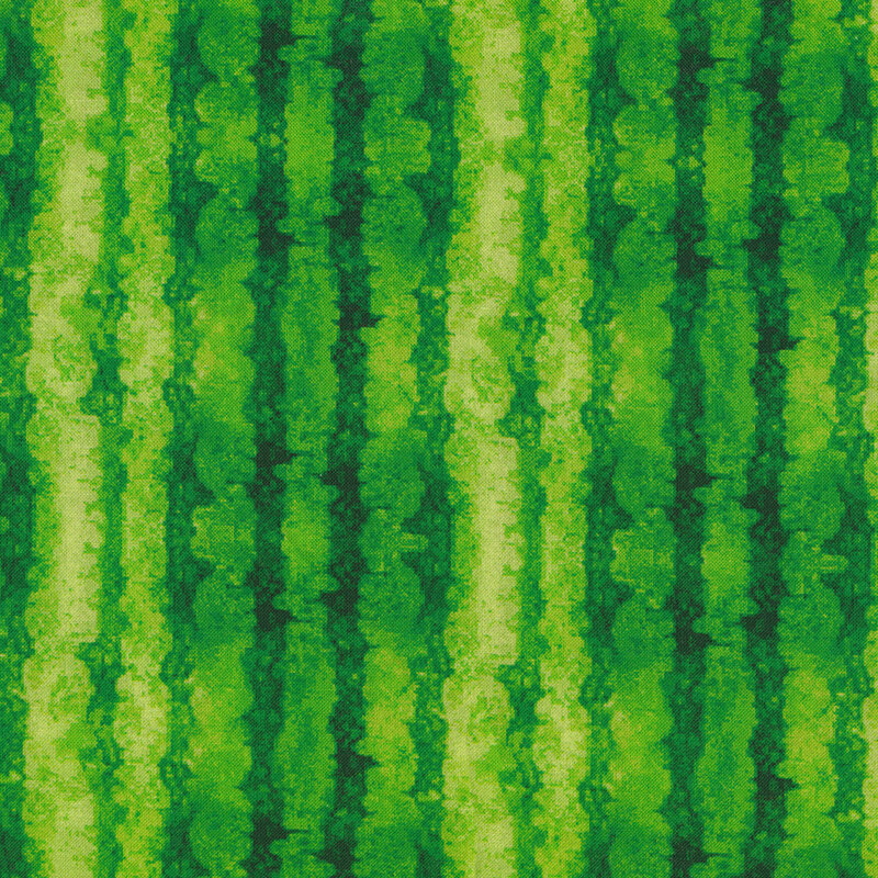Green variegated fabric featuring irregular, dark and light green stripes that look like the rind of a watermelon