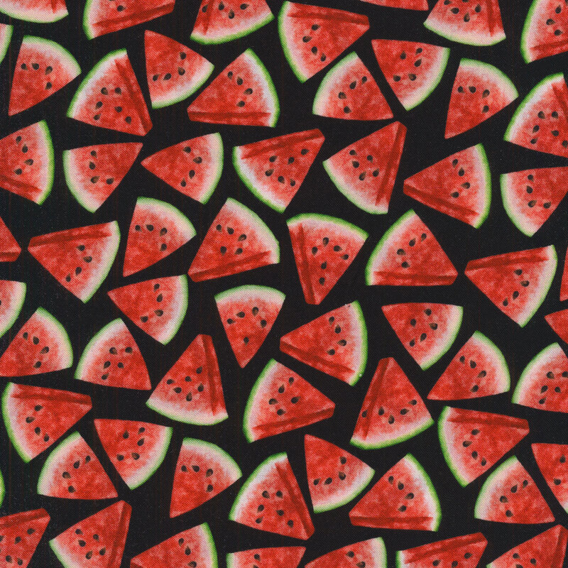 Black fabric featuring tossed watermelon wedges all over