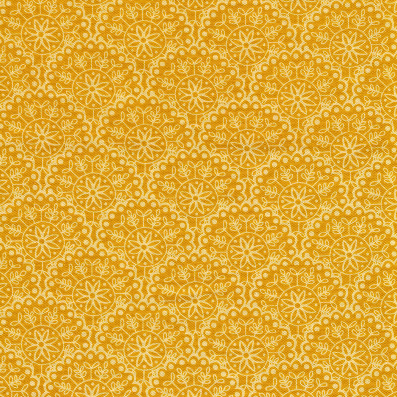 Fabric with golden yellow scallops and light yellow and leaves