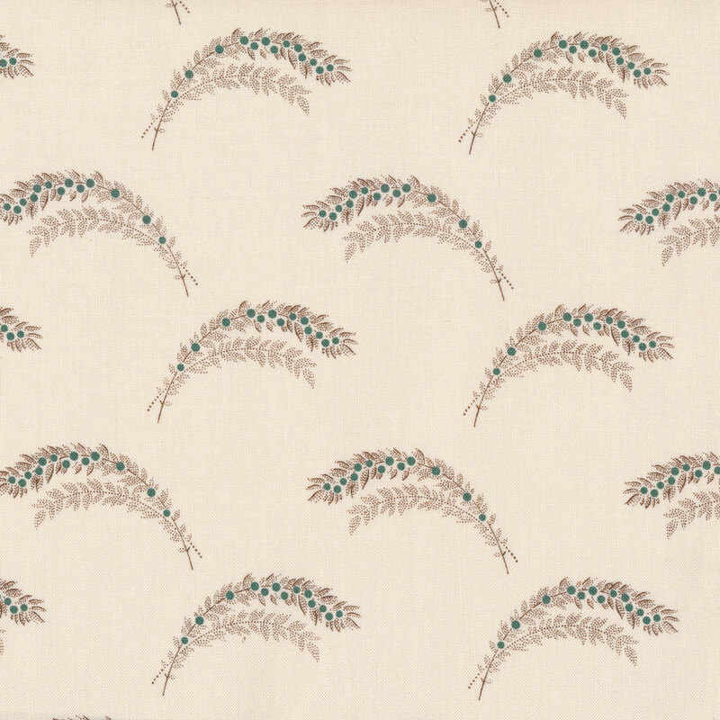 Cream fabric with arcing fern fronds in a wide scalloped pattern