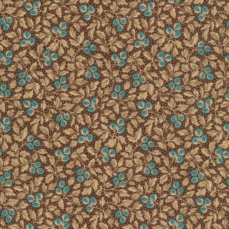 Dark Brown fabric featuring cream leaves and teal accented fruit