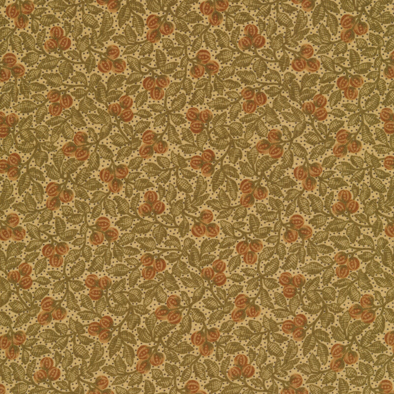 Light green fabric featuring green leaves and brown accented fruit