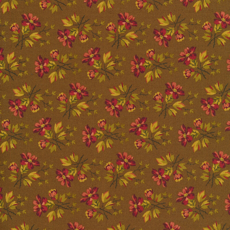 dark olive fabric with clusters of red flowers and green leaves tossed all over