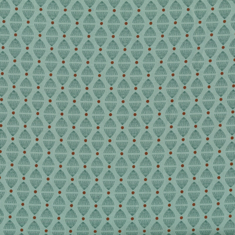 aqua fabric with teal ovals featuring a gradient toward the middle of each oval and brown dots separating each oval vertically