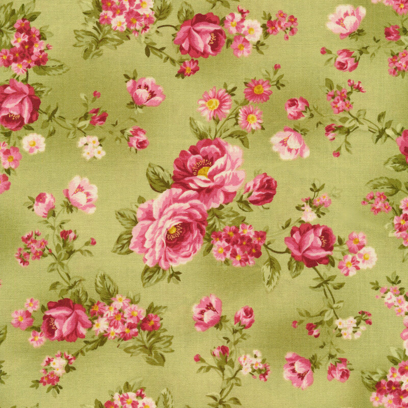 Green fabric with pink roses
